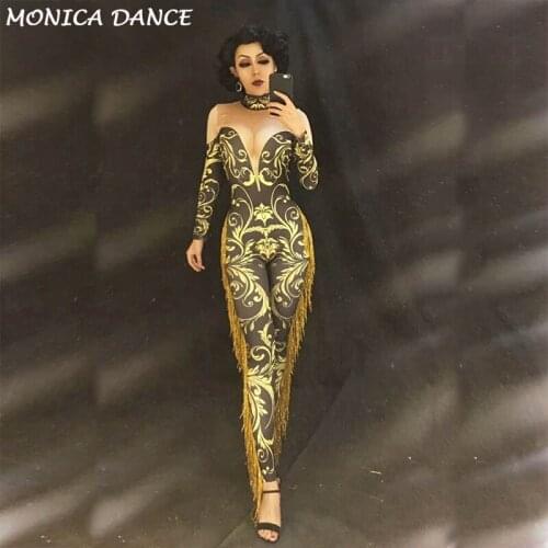 Dj Yellow Tassel Totem Women Sexy Jumpsuit Stage Wear Singer Dancer Cosutme Nightclub Party Show Bodysuit Celebrate Clothing