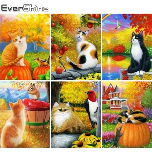 Evershine 5D DIY Diamond Painting Cat Cross Stitch Diamond Embroidery Autumn Animal Mosaic Art Wall Decorations