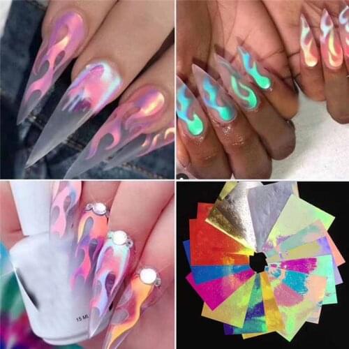 16pcs/lot Fire Nail Holographic Strip Tape Nail Art Stickers Thin Laser Silver Stripe Sticker DIY Foil Decal Sticker Y40