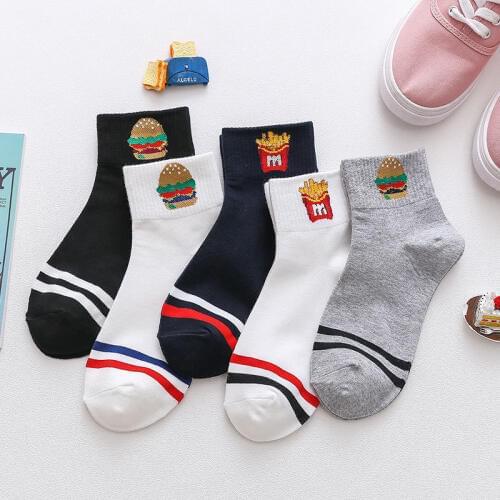 Cotton Socks Chips Cotton Socks for Women Hamburg Cartoon Character Black White Grey Socks