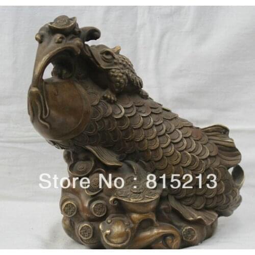 Bi00559 10" China Chinese Fengshui Animal Purple Bronze Spittor Fish Wealth Statue