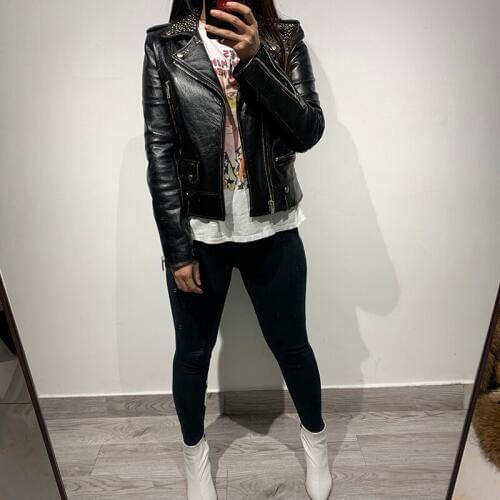 Women genuine leather jacket ladies rivet real sheep leather jacket