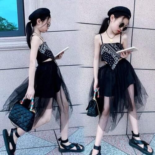 Summer Cool Girls Clothes Sets Kids Tank Top + Skirt for Teenage Girls Two Pieces Black Hip-Pop Suit 7 8 9 10 12 13 14Years Old