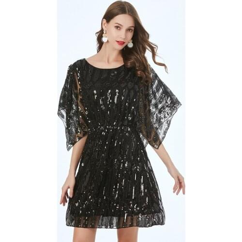 Summer Vintage A-line Geometric Short Sleeve Round Neck Beading Fanshion Elegant Club Cocktail Party Women Sequin Dress