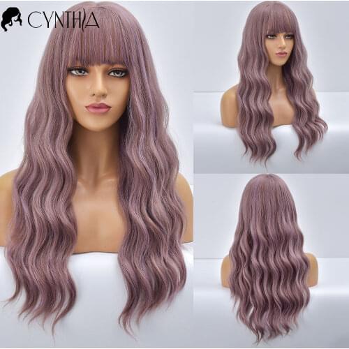 Long Ombre Purple Wave Daily Synthetic Wigs For Women With Bangs Heat Resistant Natural Fiber Curly Cosplay Party Fake Hair Wig