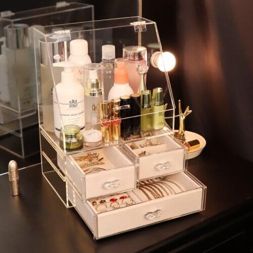 Luxury Flannel Drawer Acrylic Cosmetic Storage Box Desktop Dust Makeup Organizer Bathroom Perfume Holder Skin Care Container