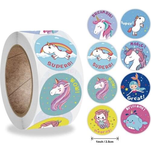 Qiduo 500pcs/roll Unicorn Sticker Animals Reward Sticker for Kids Cute Pattern School Teacher Supplies Kawaii Encourage Sticker