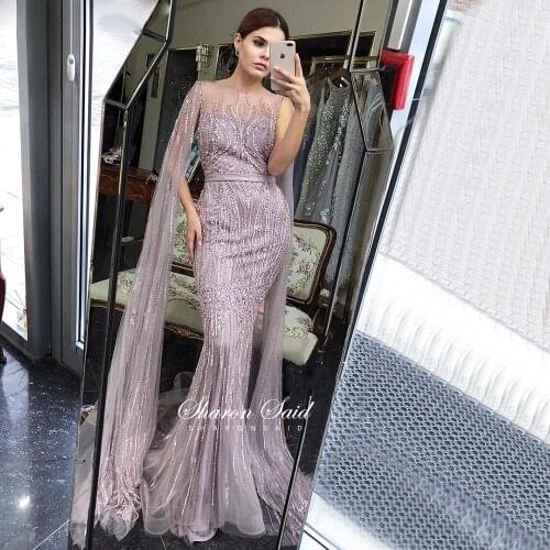 Luxury Pink Mermaid Dubai Evening Dress with Cape Sleeve Long Arabic Gold Formal Dresses for Women Wedding Guest Party Gowns