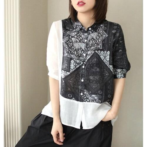 New Women Shirts Summer Retro Print Loose Half Sleeve Asymmetric Female Linen Thin Tops Fashion