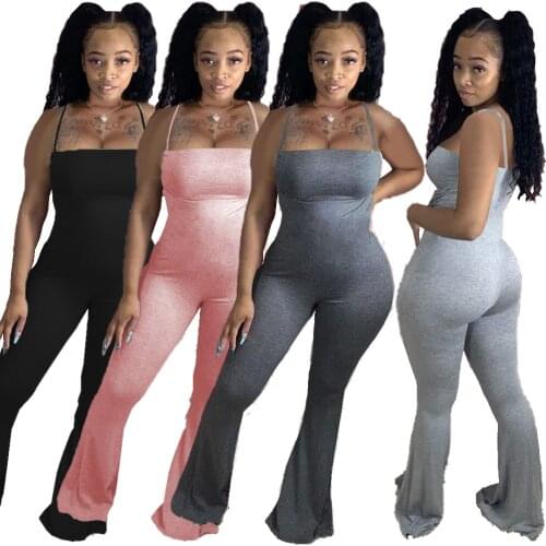 CM.YAYA Women Solid Spaghetti Strap Sleeveless Boot Cut Flare Jumpsuit High Streetwear One Piece Bell Bottoms Romper Overalls