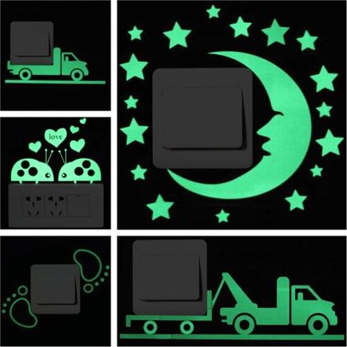 Luminous Cartoon Switch Sticker Glow in the Dark Cat Sticker Fluorescent Fairy Moon Stars Sticker Kid Room Decoration Home Decor
