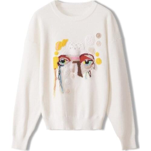 Autumn Winter Womens Sweater Contrast Color 3D Eyes Crochet Knit Pullover Long Sleeve Korean Sweet Casual Loose Female Jumper