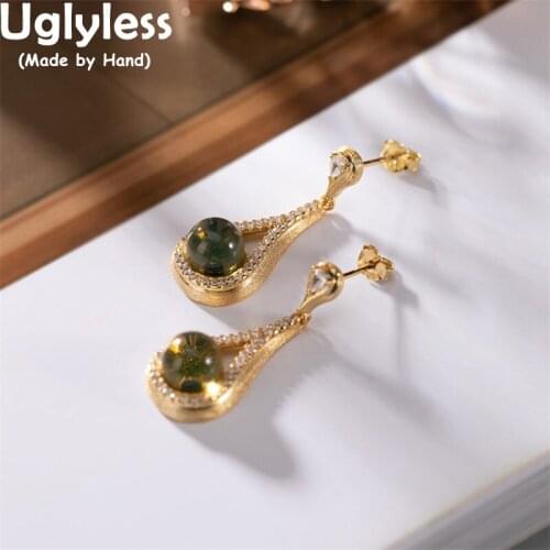 Uglyless Elegant Water Drop Blue Amber Earrings for Women Shinning Crystals Elegant Party Dress Jewelry 925 Silver Studs Brincos