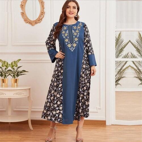 Vintage Floral Print Long Dress Arabic Abaya Muslim Women Ethnic Maxi Robe Kaftan Patchwork Islamic Clothing Eid Ramadan Fashion