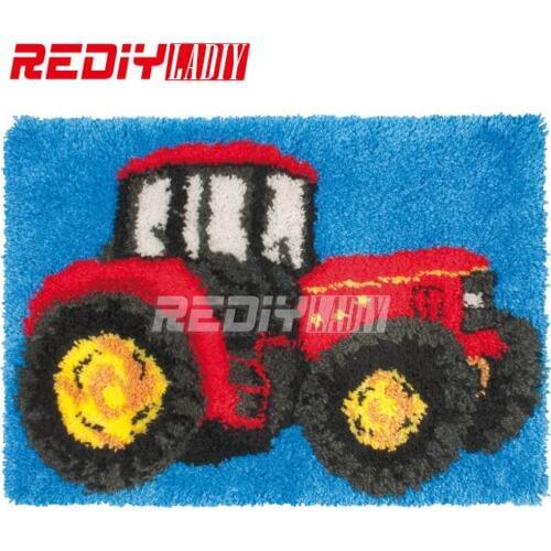 DIY Latch Hook Rug Kits Unfinished Crocheting Tapestry 3D Yarn Needlework Cushion Set for Embroidery Carpet Red Farm Tractor Mat