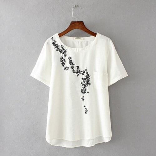 Plus Siz Womens Short Sleeve Floral Embroidery Tshirts Large Size A-line Cotton&Linen Tops Oversize Summer Shirts