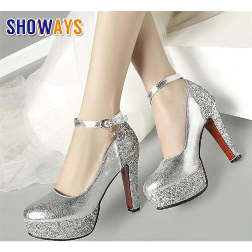 Silver Gold Women Platform Pumps 12cm Spike Chunky High Heels Sequined Cloth Round Toe Wedding Party Ankle Strap Ladies Stiletto