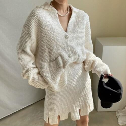 2 Piece Set Women Korean Chic Lapel Button Loose Knit Sweater Jacket +High Waist Irregular Knitted Skirt Two-Piece Suit 2021 New