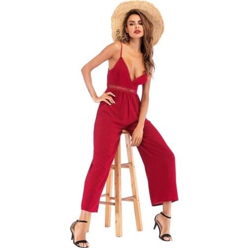 2021 Summer New Ladies Trousers Fashion Strap Vest Sexy Hanging Wide Loose Chiffon Jumpsuit Woman Pants Wine Red