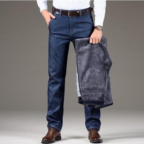 Winter MenS Modal Fleece Jeans Business Casual Loose Straight-Leg Denim Trousers Male Plus Velvet Thickening Stretch Warm Pants