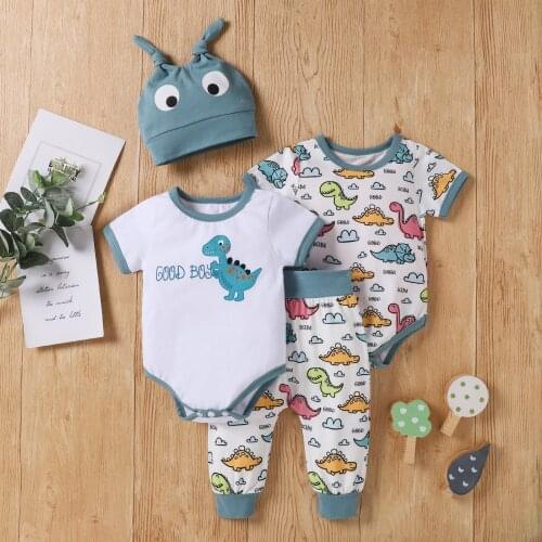 4Pcs Baby Summer Outfit Infants Toddler 2pcs Cartoon Dinosaur Print Short Sleeves Bodysuits+Long Pants+Hat Casual Set for 0-24M