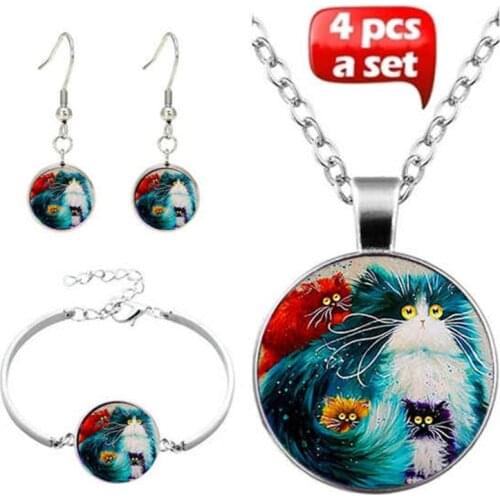 4Pcs/Set New Fashion Handmade Glass 4 Cats Pendant Choker Necklace Bracelet Earrings Jewelry For Women Classic Punk Gifts
