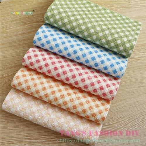 5pcs--20x22cm Chunky Glitter Printing Checks Synthetic Faux PU Leather