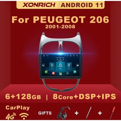 4G+128G Android 10.0 Car Radio Multimedia Player For Peugeot 206 2001-2008 GPS Navigation Dvd Autoradio AI Voice Control Carplay
