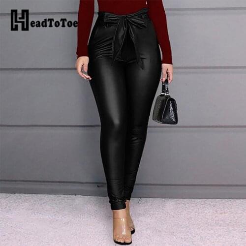 Paperbag Waist Faux Leather Pants Women High Waist Belted Casual PU Pencil Pants