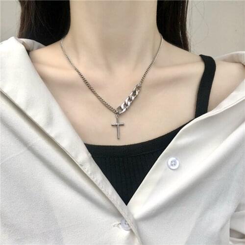 Religious Solid Color Asymmetric Alloy Chain Metal Cross Pendent Necklace for Christian Women Men Girls Kids Collar Jewelry Gift