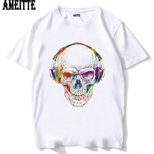 AMEITTE New Summer Fashion Men t-shirts Rainbow Skull And Headphones Print T Shirt Funny Hip Hop Boy Music Tops Man Casual Tees