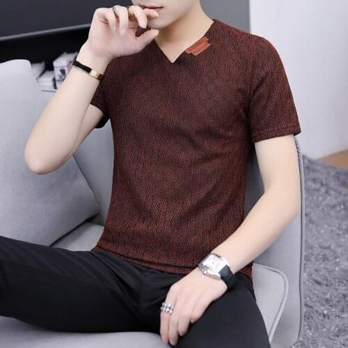 T-shirt Male Summer Short Sleeve T-shirt Youth Slim T Shirts V-Neck Plaid Casual Perspective T Shirts Men