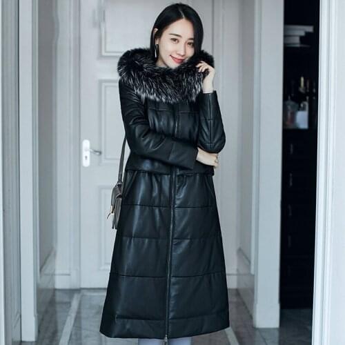 Leather Jacket Women Winter Sheepskin Genuine Leather Raccoon Fur Collar Hooded Jackets Duck Down Coat Chaqueta Mujer
