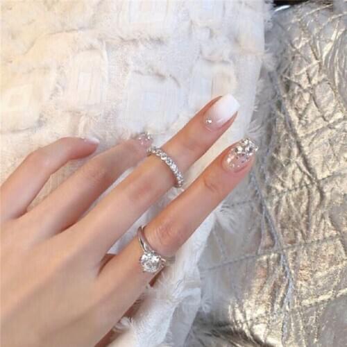 Dreamy white veil Bride gradual white pure color with diamond 3d decorated fake nails lady false nails french short full nail
