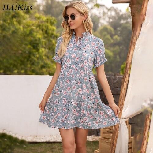 2021 Fashion Women Floral Print Mini Dress Summer Short Sleeve Loose Casual Dresses Elegant Vestidos Womens Clothing