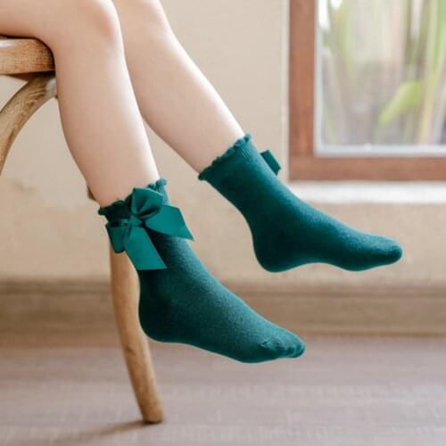 Soft Breathable Baby Girls Anckle Socks Solid Color Sweet Ribbon Bowknot Princess Knitted Cotton Socks for Toddler Girls Gift