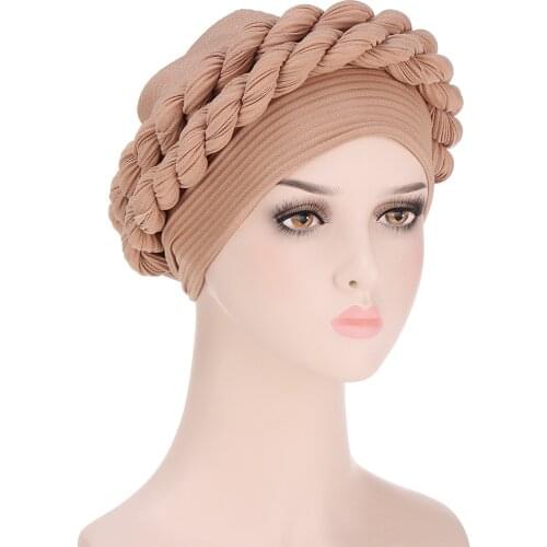 New Design Braid Turbans For Women Ribbed Braids Headscarf Hat Muslim Headwear Bonnet Solid Color Islamic Headwrap Cap
