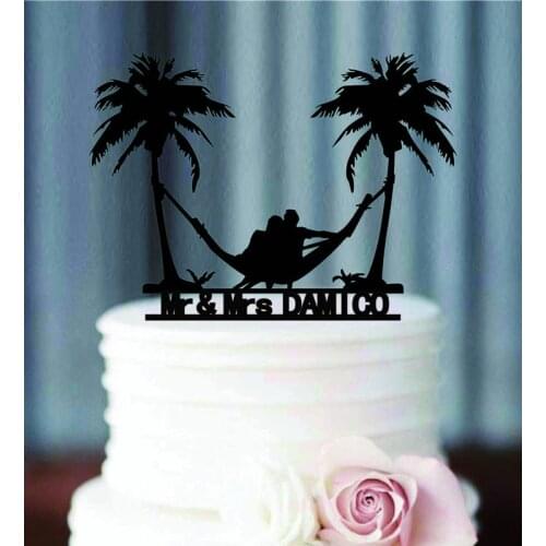 Personalised Beach Theme Honeymoon wedding CakeTopper/ Customized Palm Trees Cake Topper /Mr and Mrs Cake Topper with plam tree