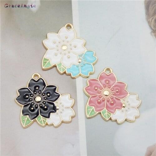 6pcs Mix Enamel cherry blossom Flower Charms Alloy Fashion Pendant for necklace earrings diy fashion bracelet 26*25mm Package