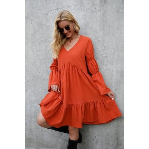 Casual Mini Dresses for Women Long Sleeve Autumn Solid V-Neck Dresses Womens Holiday Cascading Ruffle Solid Dress Plus Size