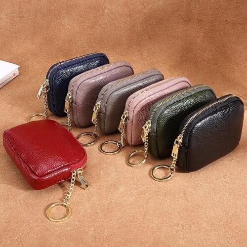 MJ Genuine Leather Coin Pocket Simple Mini Clutch Purse Zipper Short Wallet Solid Color Key Chain Card Holder Money Purses
