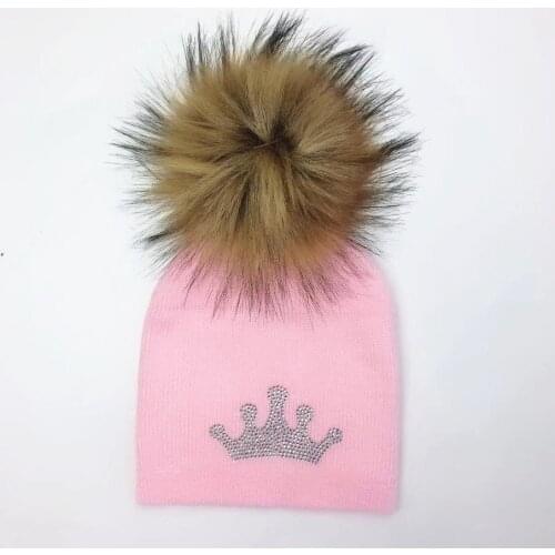 Childrens hat cap baby infant toddler prince crown diamond embroidery raccoon Faux Fur pom pom beanie for girl and boys skull