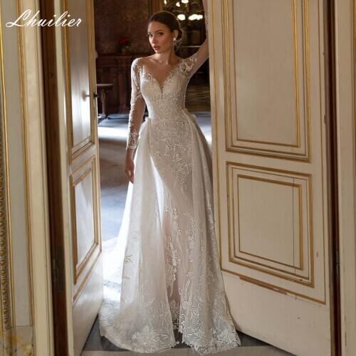 Lhuilier Elegant Lace Appliques Mermaid Wedding Dresses 2020 Full Sleeves Detachable Train Rhinestone Beaded Bridal Dress