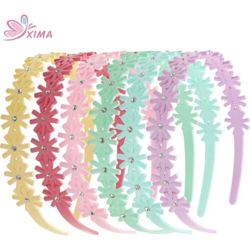 XIMA 12pcs/lot Flower Headband Kids Plastic Hair Hoops with Rhinestone for Girls Party Hairbands Hair Accessories