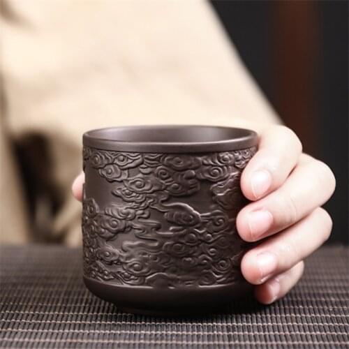 Japanese Purple Clay Retro Master Cup Creative Handmade Carved Couple Tea Cup Ceramic Kung Fu Small Tea Bowl Tea Set Drinkware