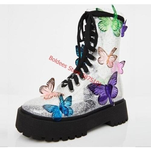 Women Ankle Boots Thick Bottom Platform Boots Transparent PVC Lace Up Height Increased Botas Mujer Butterfly Stage Show Shoes