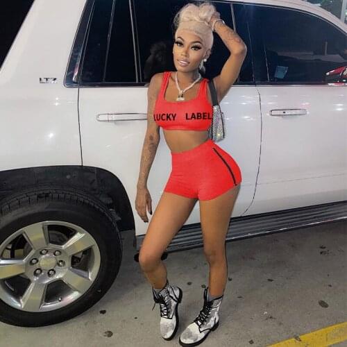 Women Summer Casual Suit Lucky Label Sportsweat 2 Piece Set Sleeveless Crop Tank Top Biker Shorts Female Sporty Outfit Tracksuit