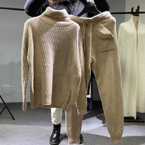 High quality New 2021 Women real Wool Knitted Top + Stylish Wide Leg Pants Two Piece Set