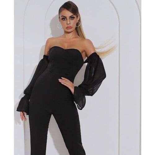 High Street Autumn Fashion Sexy Off Shoulder Puff Sleeve Black Bodycon Women Jumpsuit 2021 Celebrity Designer Fashion Rompers