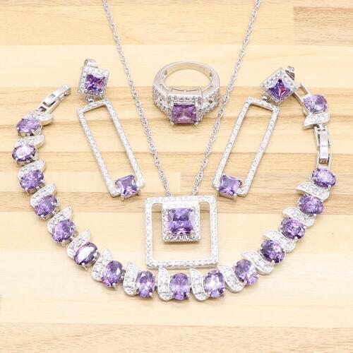 Women square Fashion Silver Purple Cubic Zirconia wedding White crystal Jewelry Sets Angelic Necklace Ring Earring Bracelet